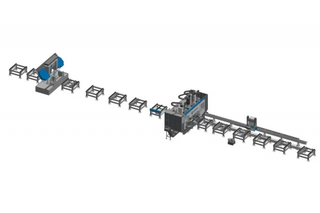 Diagram of an automated steel fabrication line I , illustrating the setup and flow of operations by Guanda International Machinery.