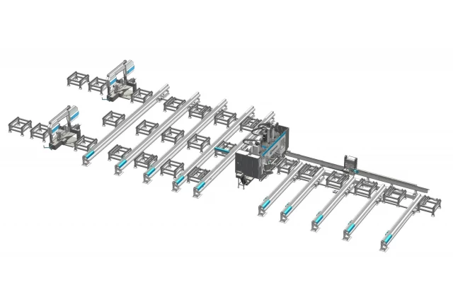 Complex steel fabrication line Y with dual sawing stations, engineered by Guanda International Machinery.